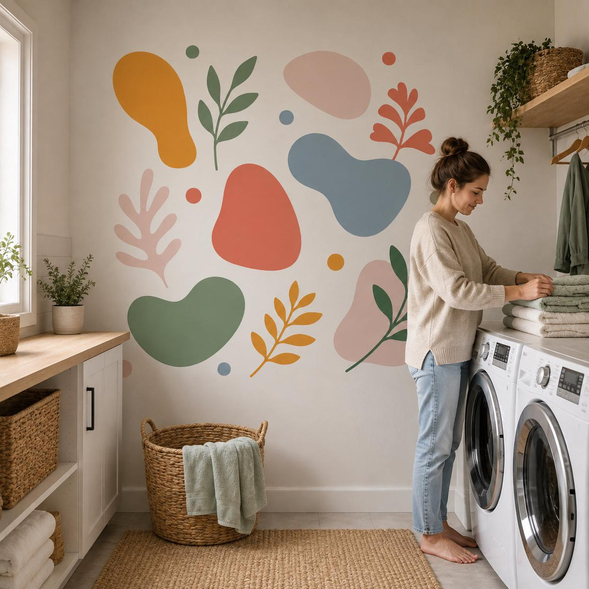 Wall sticker composition featuring layered leaf branches and rounded abstract shapes in sage, coral and mustard
