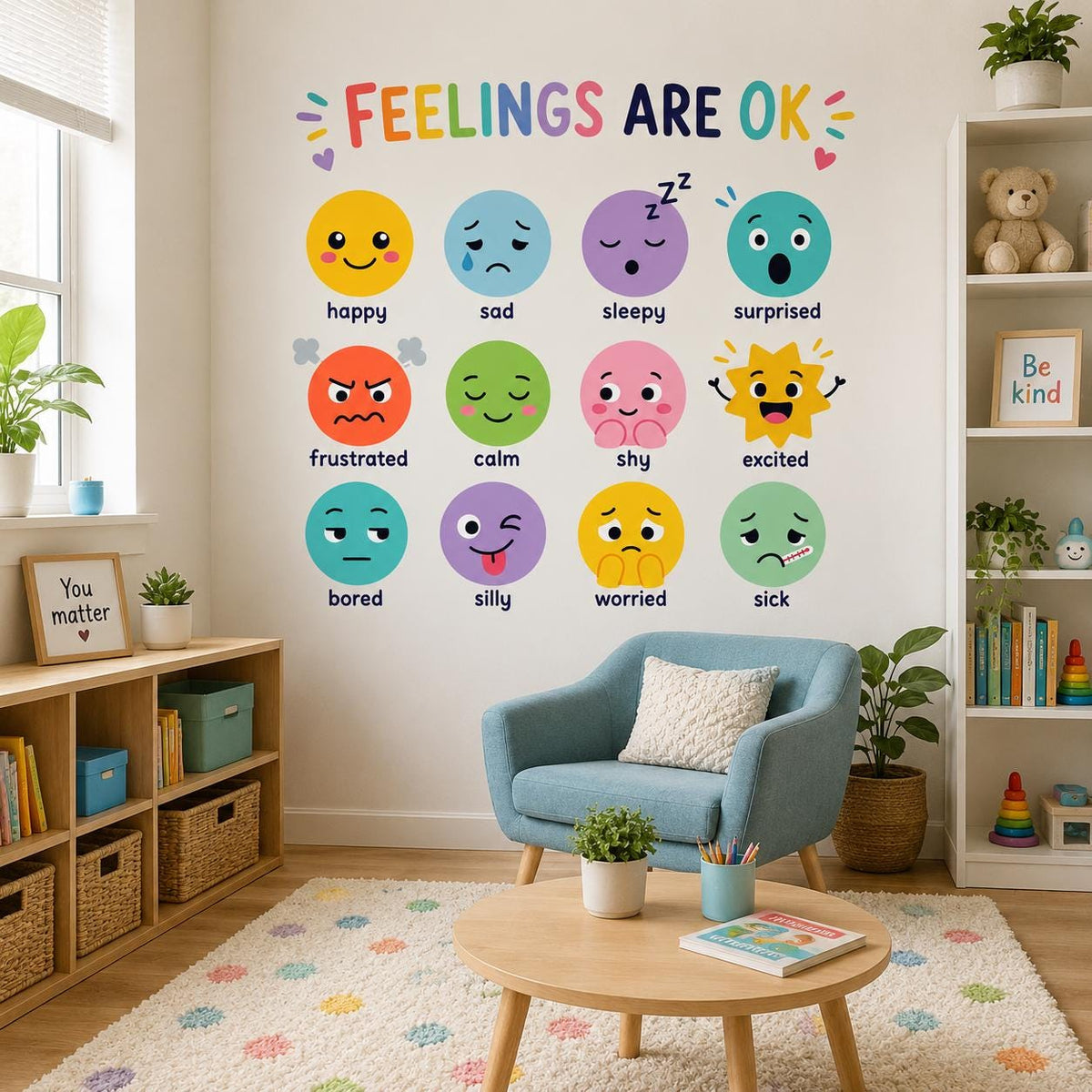 Design preview of kids emotions chart wall sticker with FEELINGS ARE OK lettering with twelve cartoon faces showing different emotions