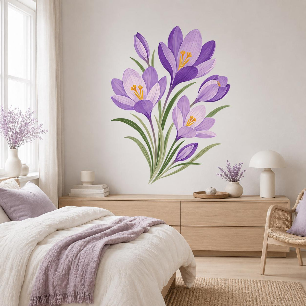 Printed vinyl design showing purple crocus blossoms with orange stamens and green leaves