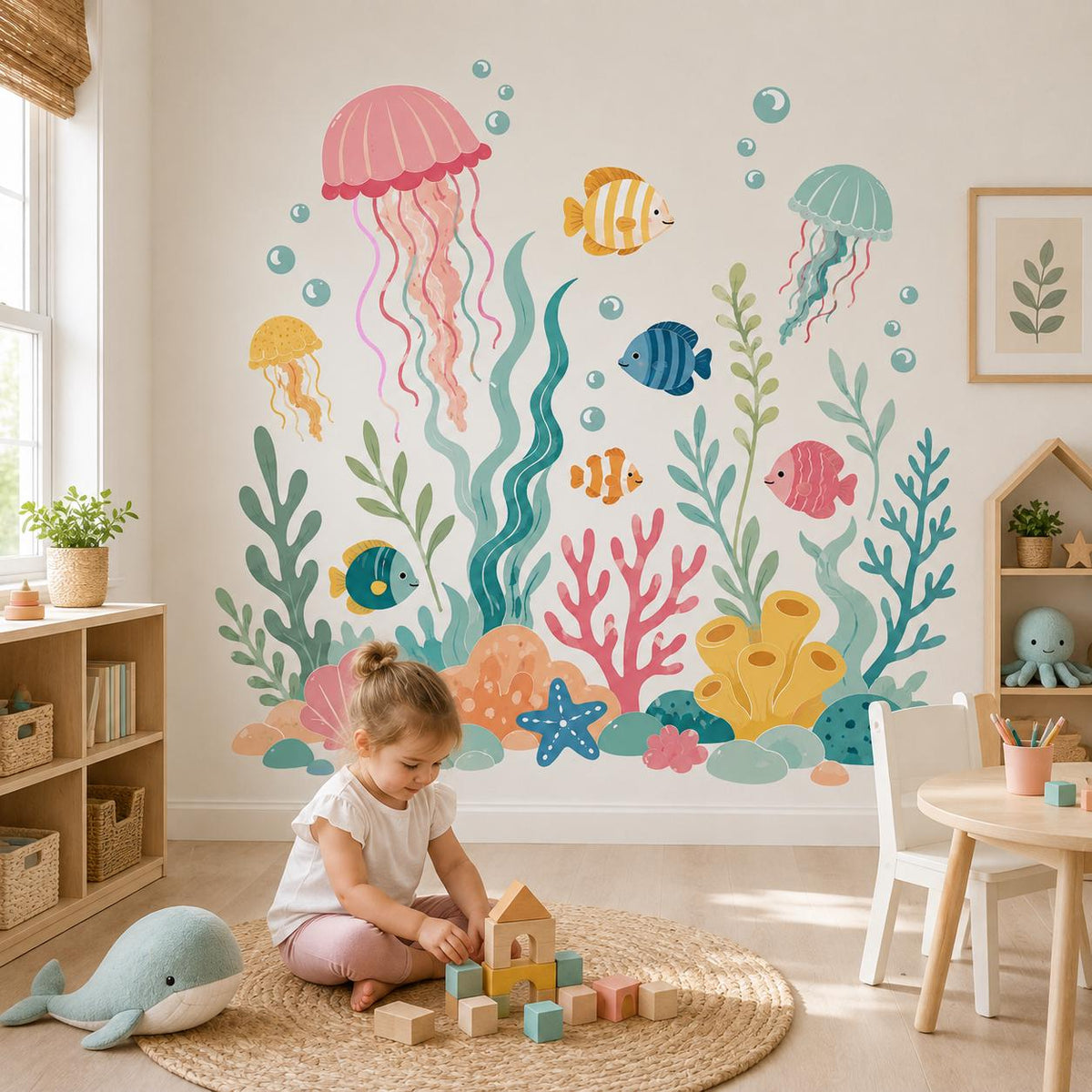 Illustrated ocean nursery wall decal with three jellyfish, five fish, coral, seaweed and bubbles