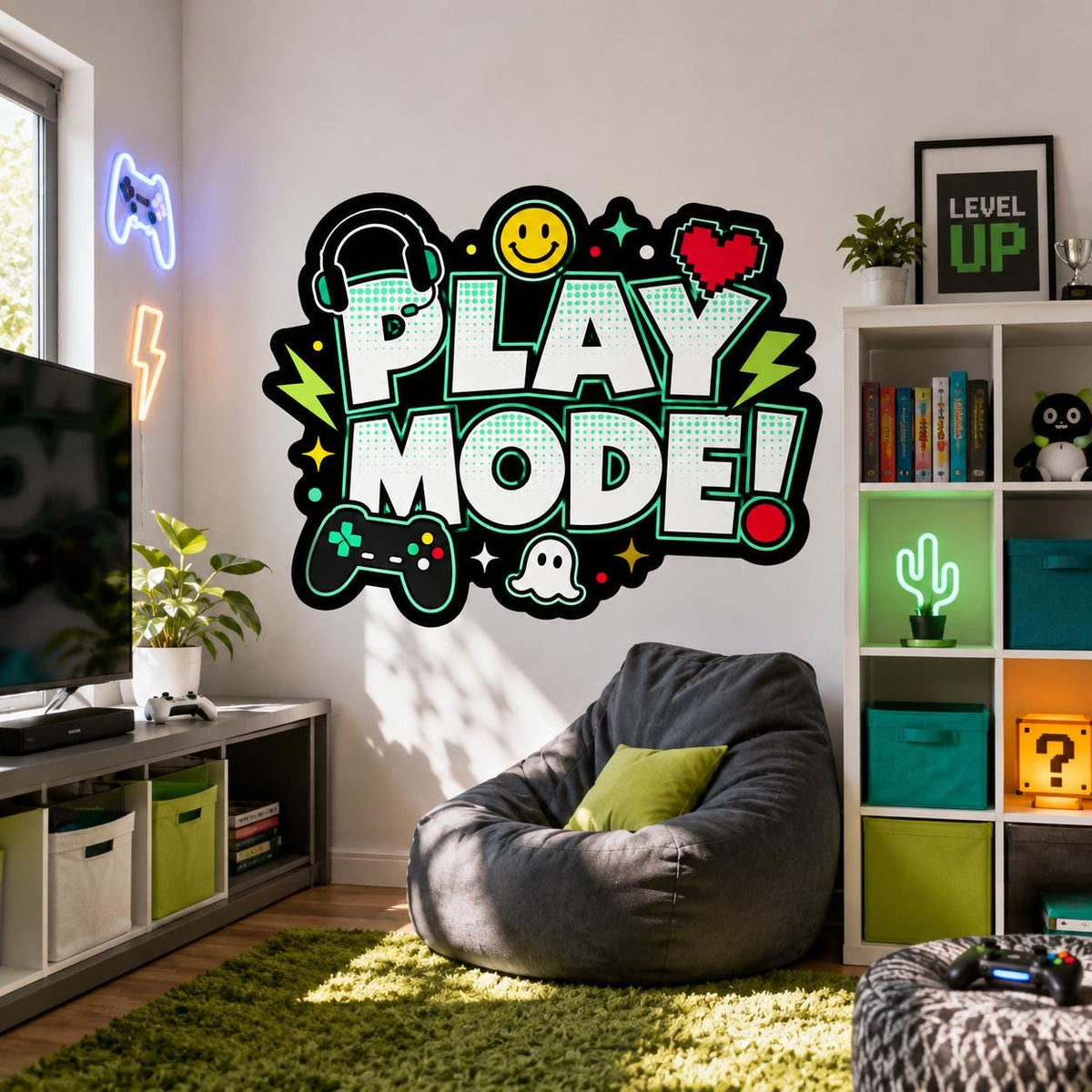 Play Mode wall sticker displayed above a grey beanbag in a room with book shelves and glowing gaming lights.