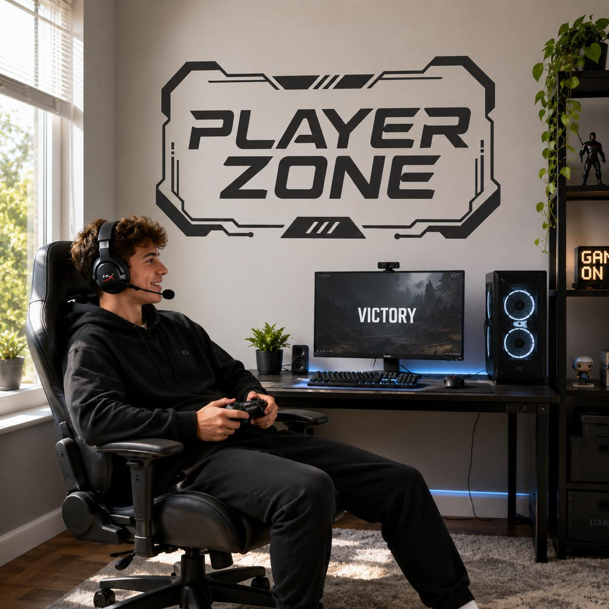 Printed vinyl artwork featuring PLAYER ZONE lettering in a geometric futuristic frame