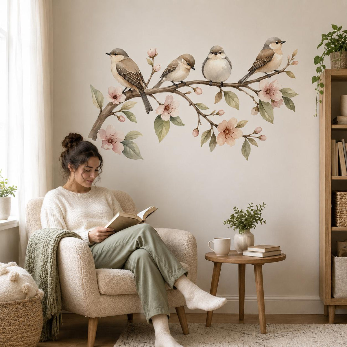 Wall sticker composition featuring four small birds on a flowering branch with peach blossoms and green leaves