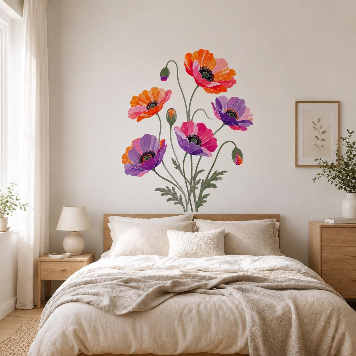 Illustrated poppy flower wall decal with five orange, pink, violet and coral flowers on thin stems with buds