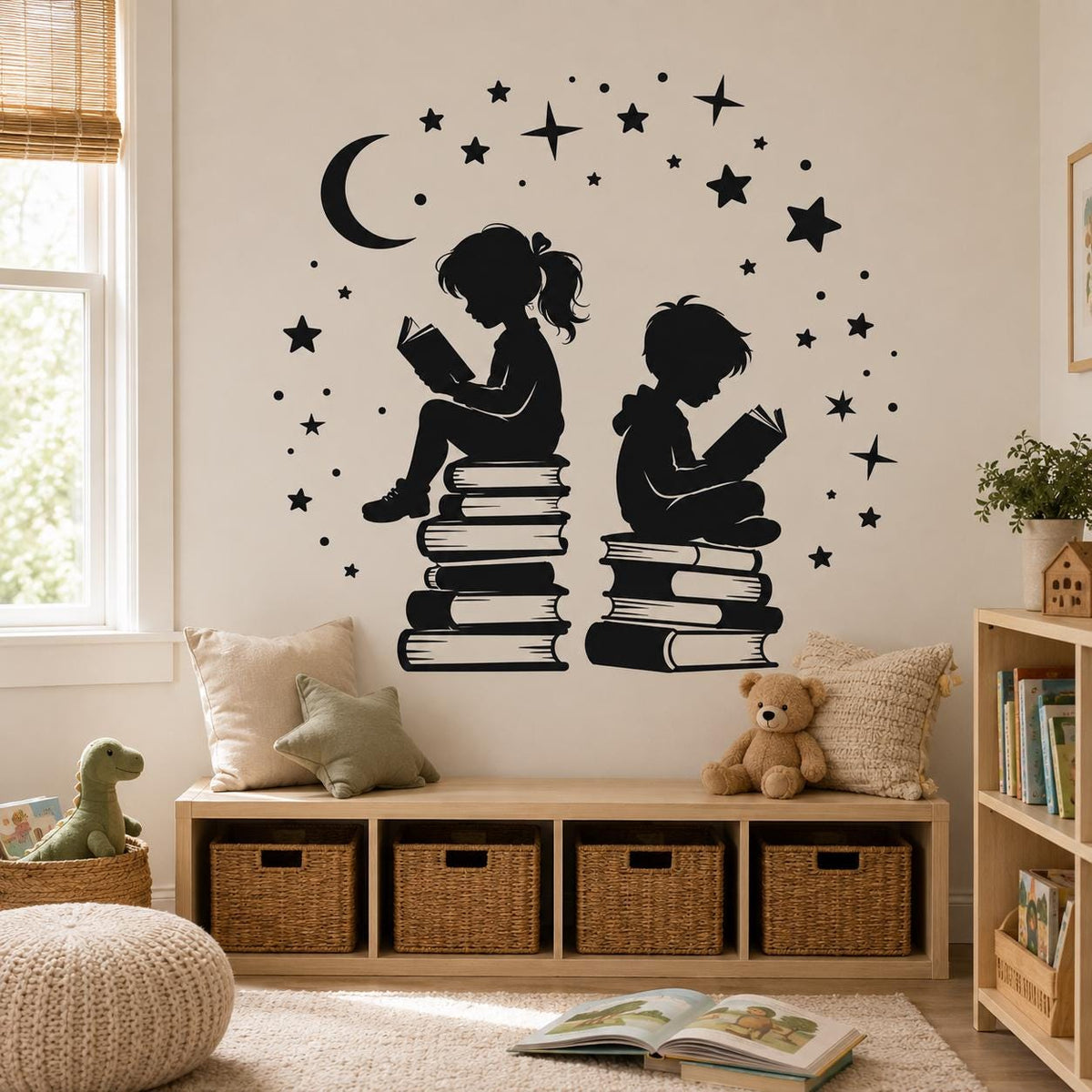 Children reading books wall decal with crescent moon and stars above a wooden storage bench in a sunlit room.