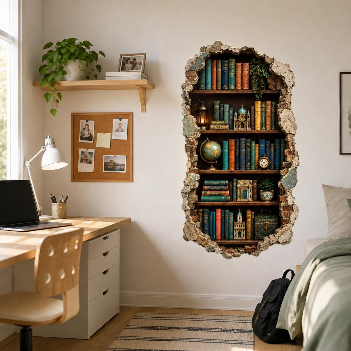 Vintage bookshelf through a broken wall decal beside a white writing desk.