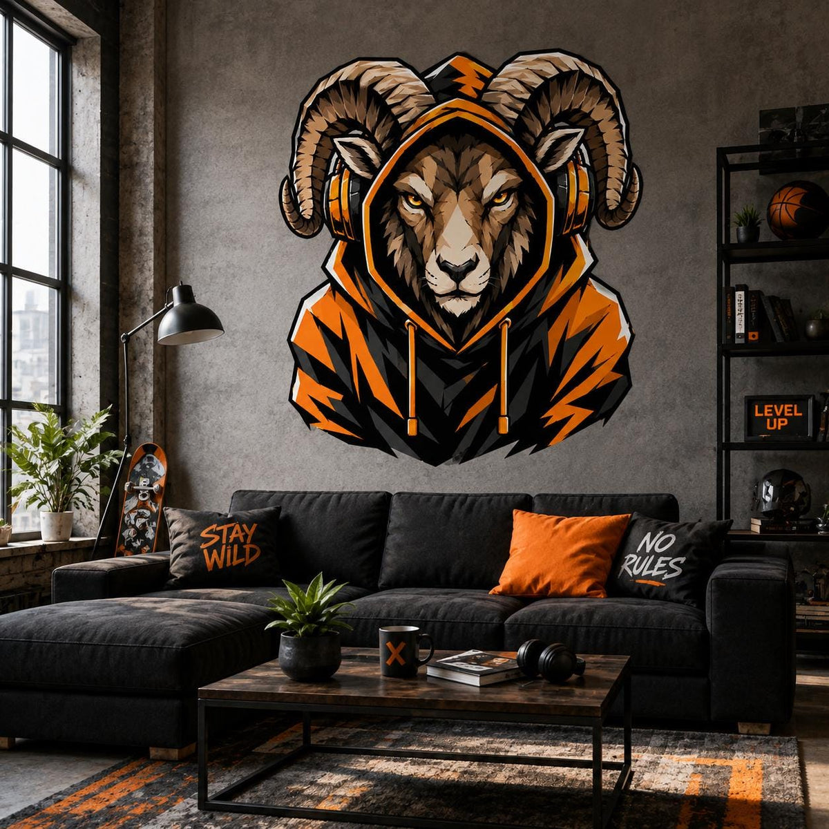Ram wearing headphones wall decal over a dark sofa with orange pillows in a loft.