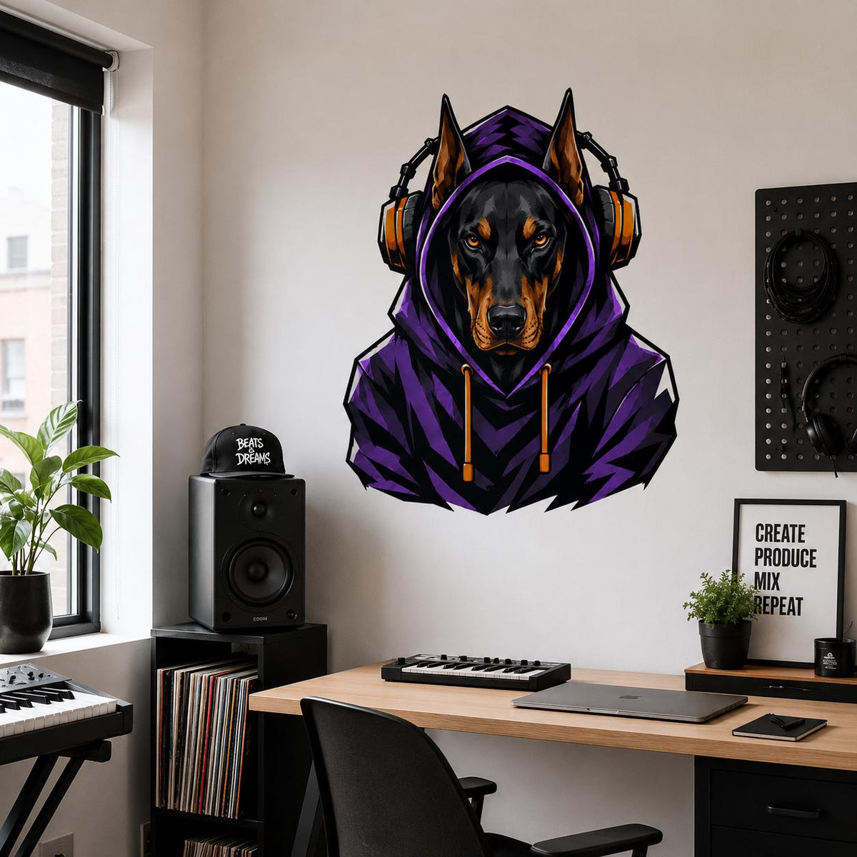 Doberman wearing headphones and a purple hoodie wall decal above a gaming desk near a window.