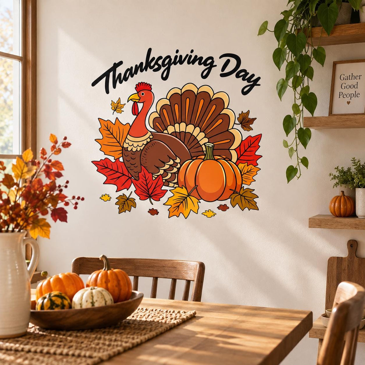 Thanksgiving Day turkey wall sticker above a wooden dining table with pumpkin centerpiece.