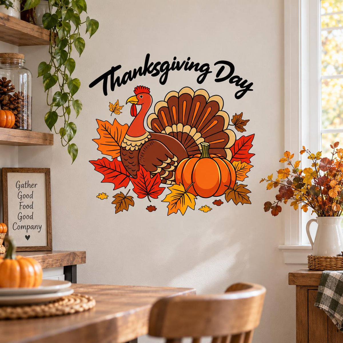 Autumn turkey and Thanksgiving Day lettering wall decal above a dining chair and seasonal flowers.
