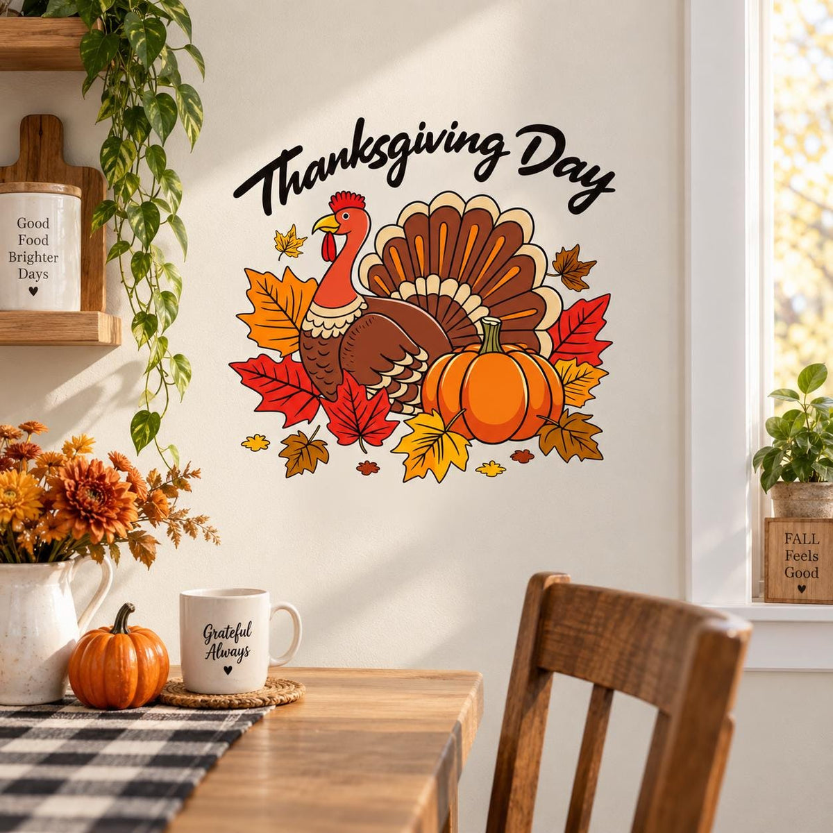 Thanksgiving turkey decal with pumpkins above a rustic table laid with mugs and candles.