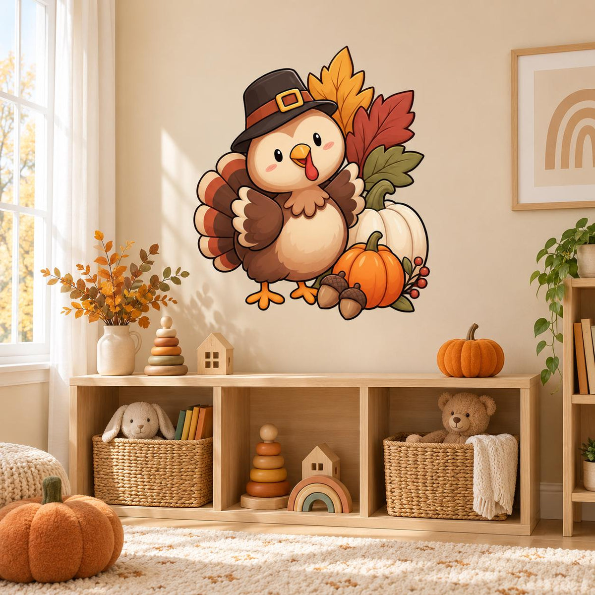 Cartoon pilgrim turkey and pumpkins wall decal above woven toy baskets in a nursery.