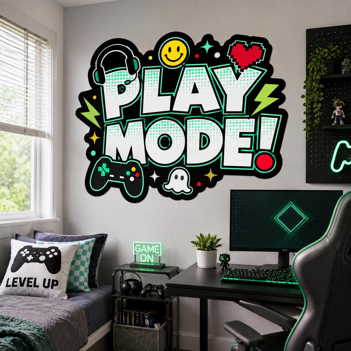 Play Mode gaming wall sticker above a computer desk and bed, next to a gaming chair in a bright bedroom.