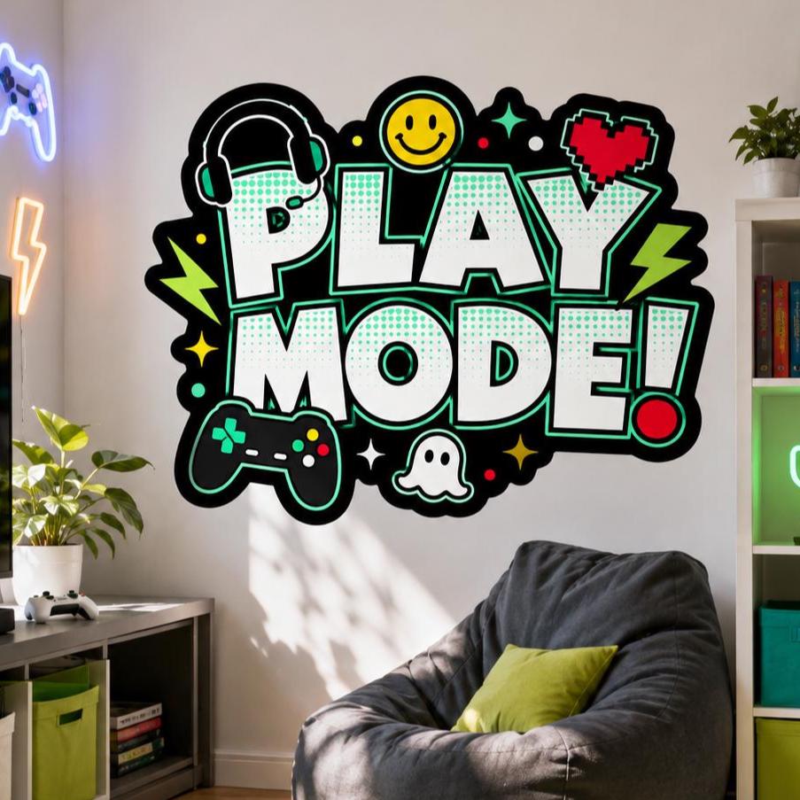 Colorful PLAY MODE gaming wall decal with a controller and pixel heart, displayed above a grey beanbag chair.