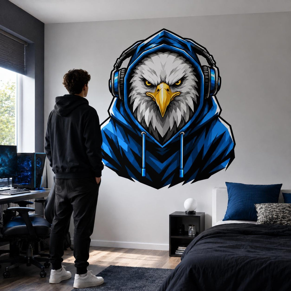 Bald eagle gamer wall decal with a bald eagle with golden eyes, a blue hoodie and over ear headphones