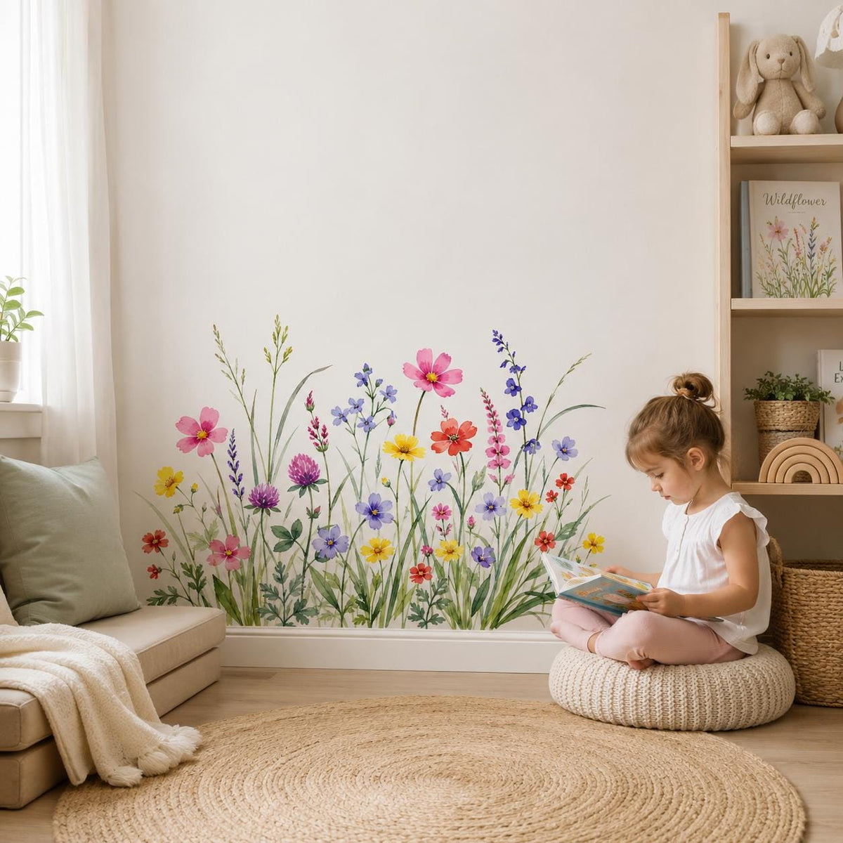 Printed vinyl design showing pink, coral, yellow and violet meadow flowers among tall green grasses