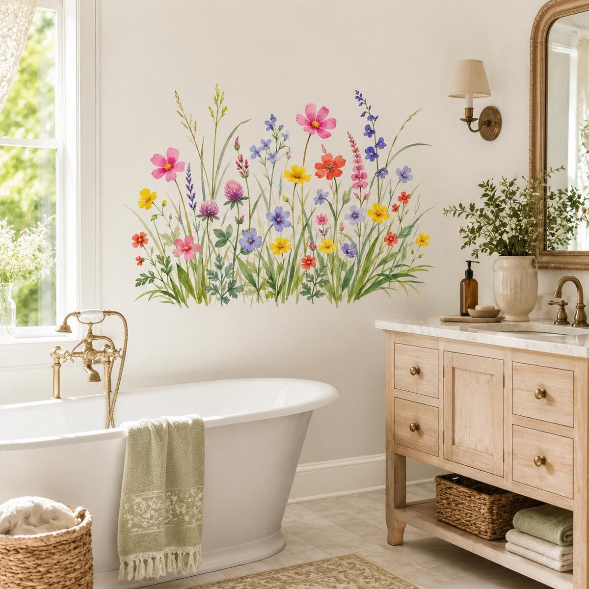Watercolor wildflower wall decal with pink, coral, yellow and violet meadow flowers among tall green grasses