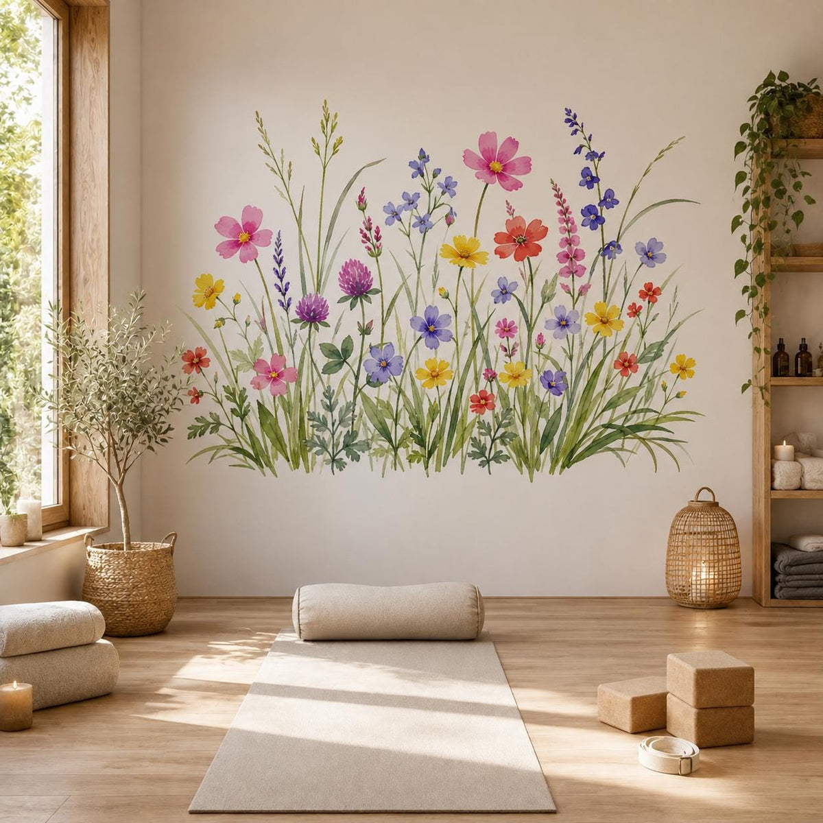 Decorative wall sticker depicting pink, coral, yellow and violet meadow flowers among tall green grasses