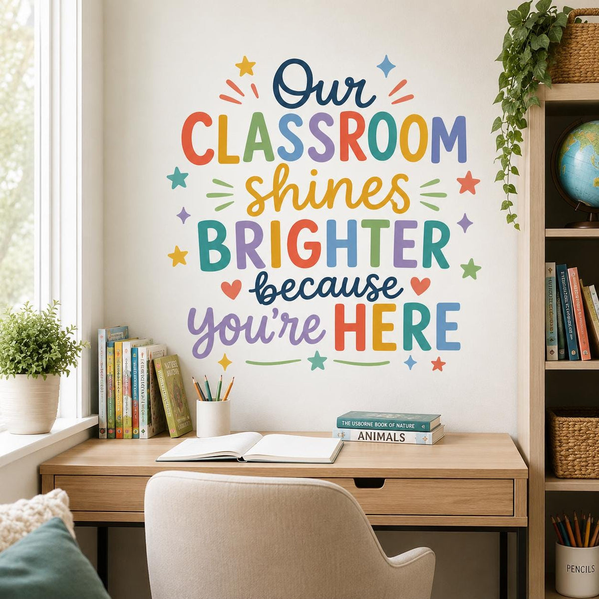 Design preview of classroom quote wall decal depicting the colorful words Our Classroom Shines Brighter Because You Are Here