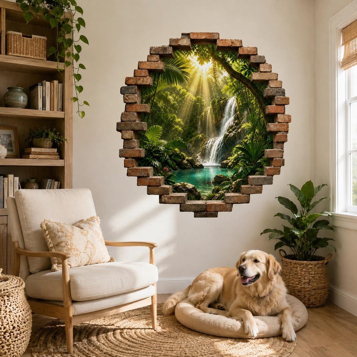 Jungle waterfall broken-brick wall sticker above a cream armchair next to a golden retriever.