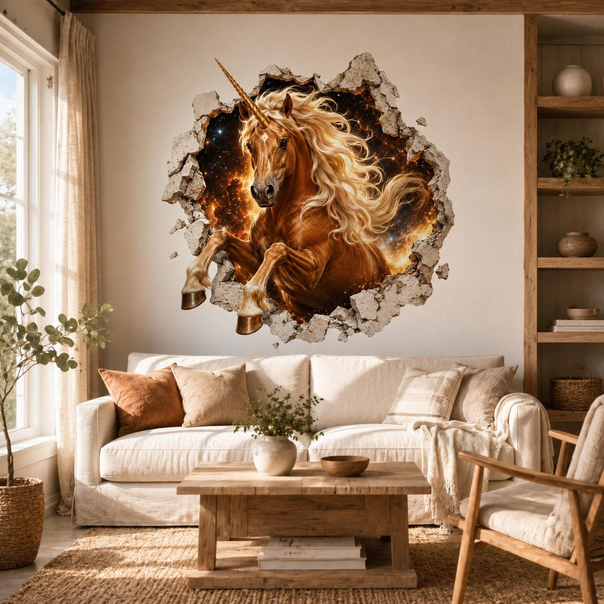 Golden brown unicorn emerging from cracked stone wall art above a cream sofa and wooden coffee table.