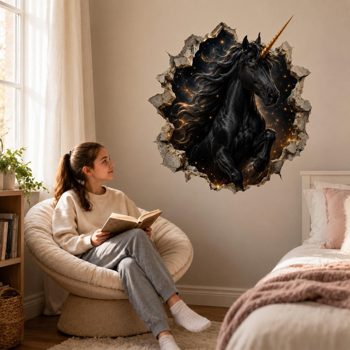 Woman reading in an armchair beside a black unicorn cracked-wall mural in a bright bedroom.