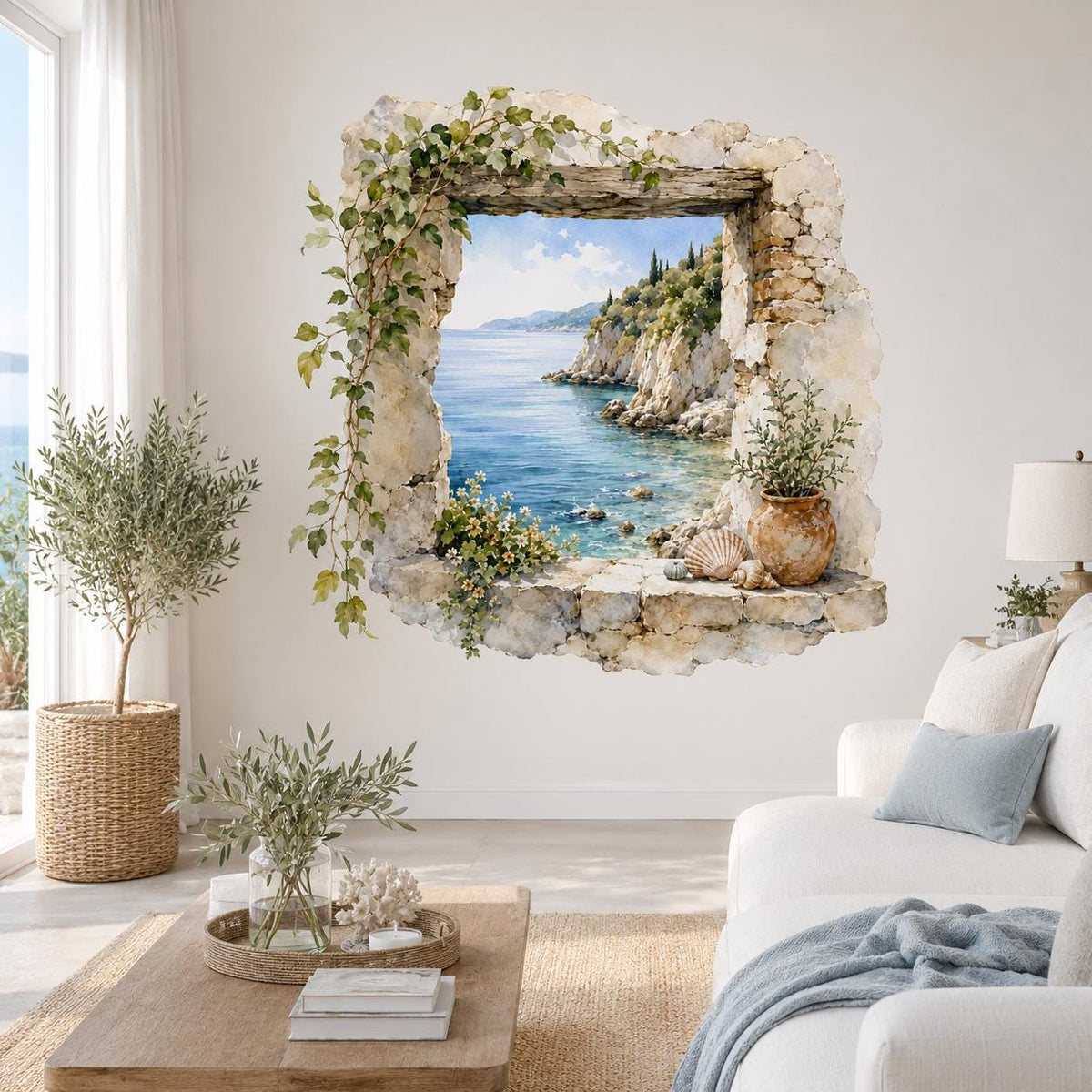 Stone-framed ocean window wall decal showing a blue coastal bay above a cream living-room sofa.