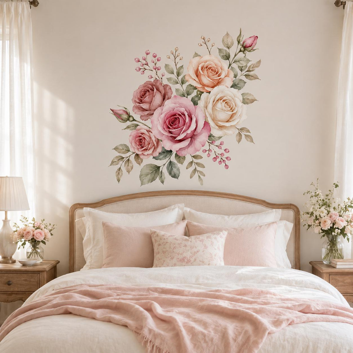 Pink floral rose wall sticker above a bed with blush bedding and cream headboard.