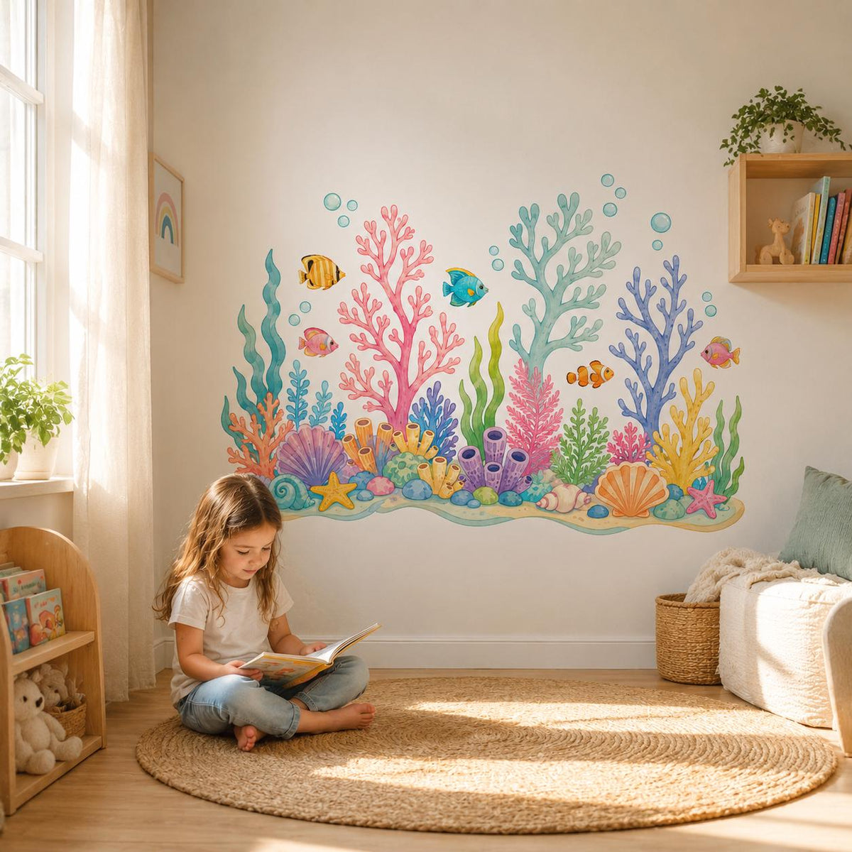Young girl reading beneath a colorful underwater reef wall decal in a bright room.