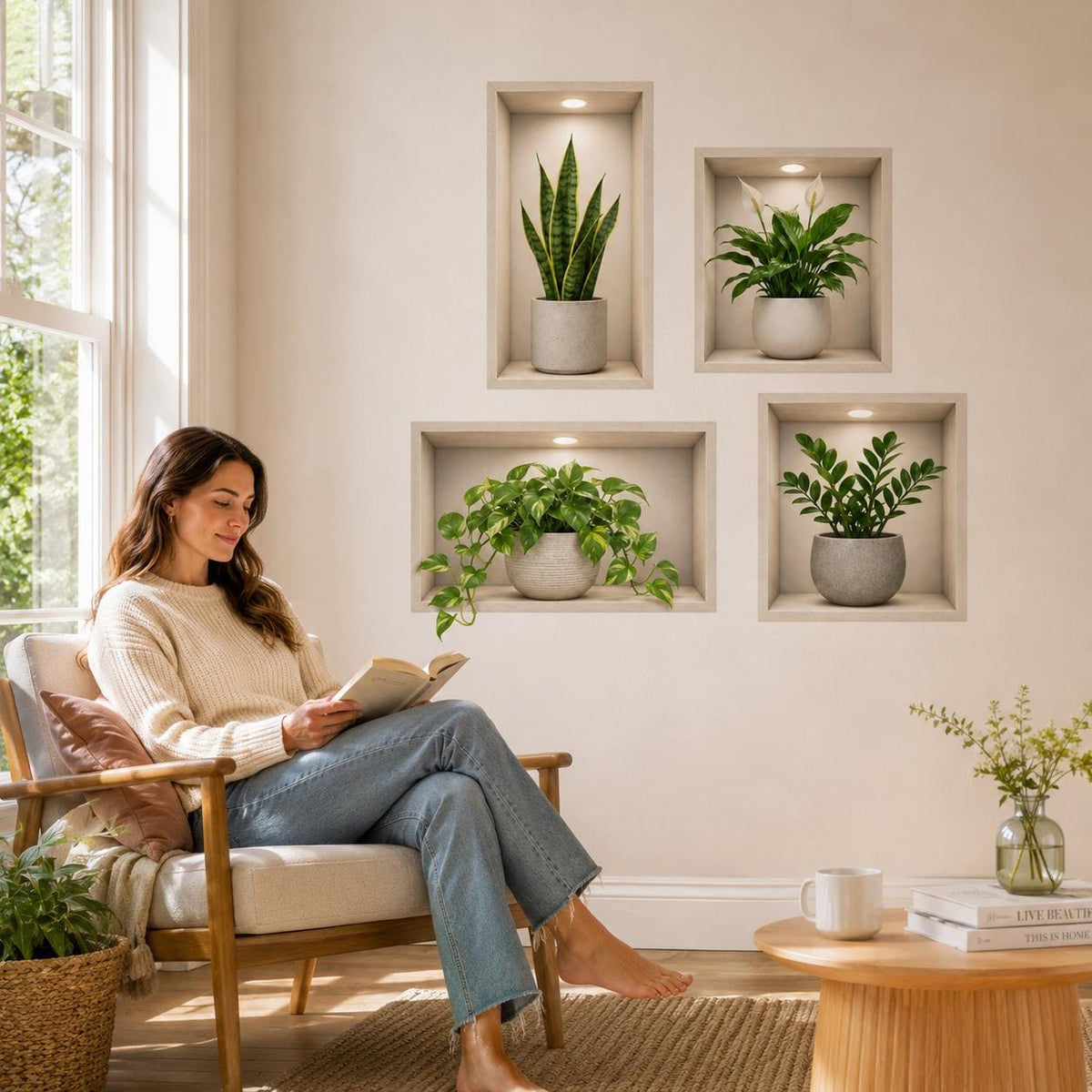 Four plant alcoves on a printed faux wall shelf decal with wood frames and spotlight details