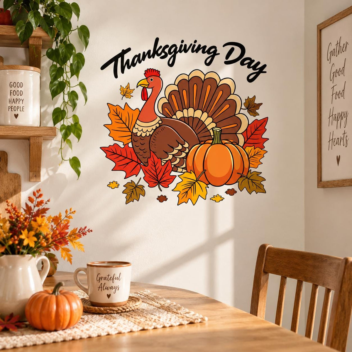 Thanksgiving Day turkey wall sticker above a wooden dining table with white mug and orange flowers.