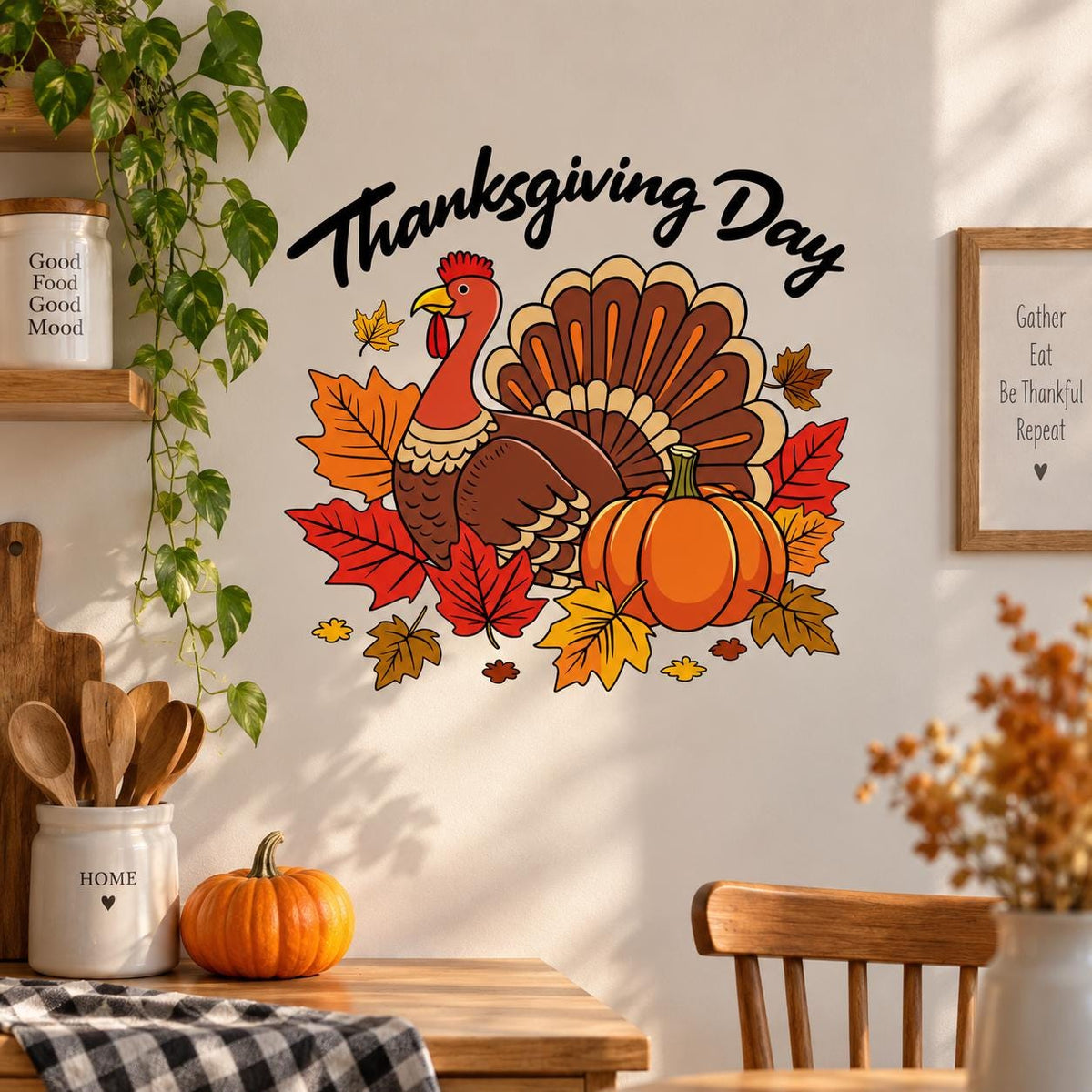 Thanksgiving Day turkey and pumpkin wall decal above a dining table with a checked cloth.