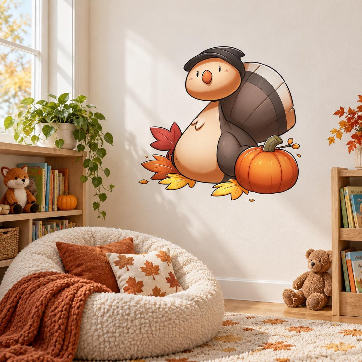 Smiling Thanksgiving turtle and pumpkin wall decal above a cream beanbag chair in a nursery.