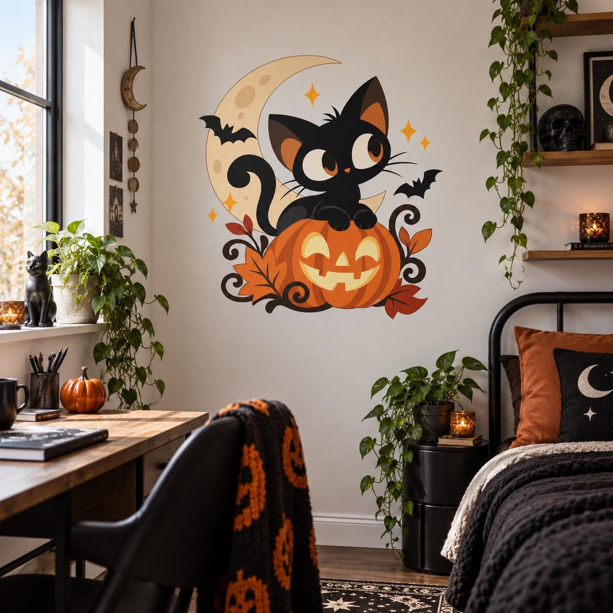 Halloween black cat wall decal beside a writing desk and a black metal bed.