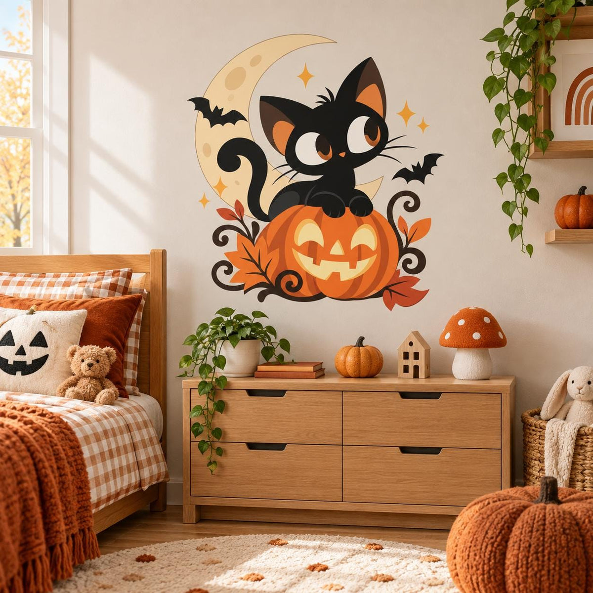 Black cat and orange pumpkin wall sticker above a nursery dresser beside a bed.