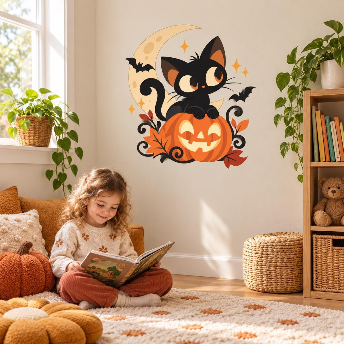 Young girl reading on a rug beneath a black cat and pumpkin wall sticker.