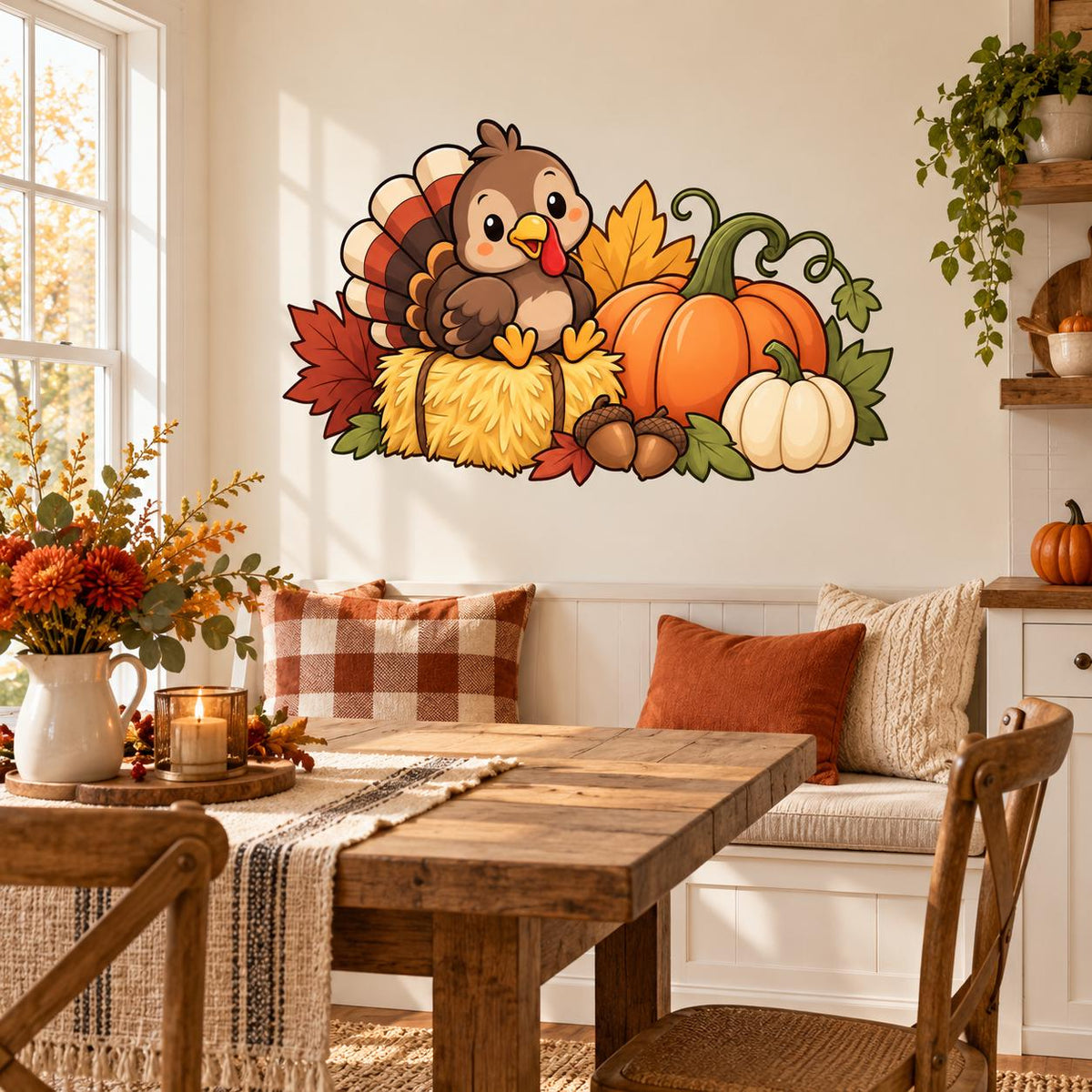 Thanksgiving turkey and pumpkin wall sticker above a rustic wooden dining table.