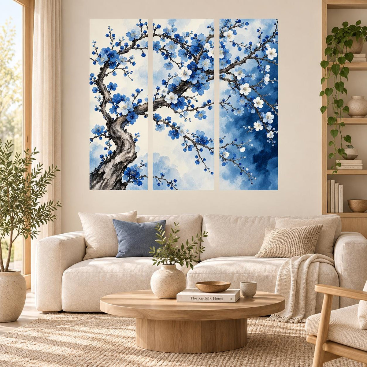 Three-panel blue blossom tree decal above a cream sofa and round wooden coffee table.