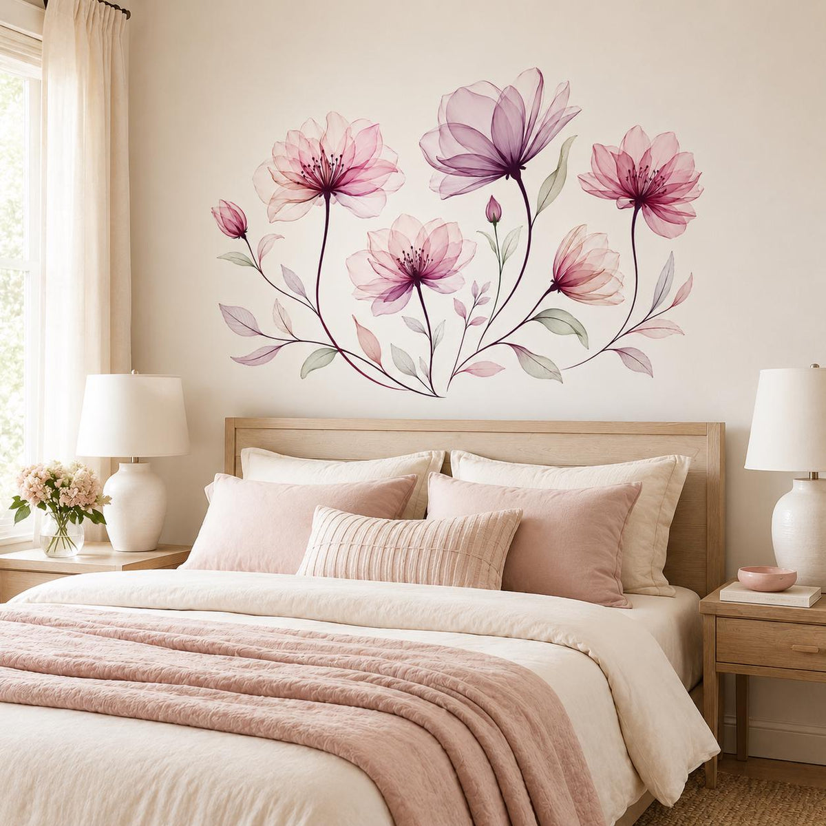 Large pink and mauve flower wall decal above a wooden bed with blush bedding in a neutral bedroom.