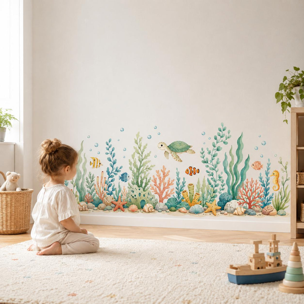 Young child sitting on a rug facing a sea turtle and coral reef wall sticker in a bright playroom.