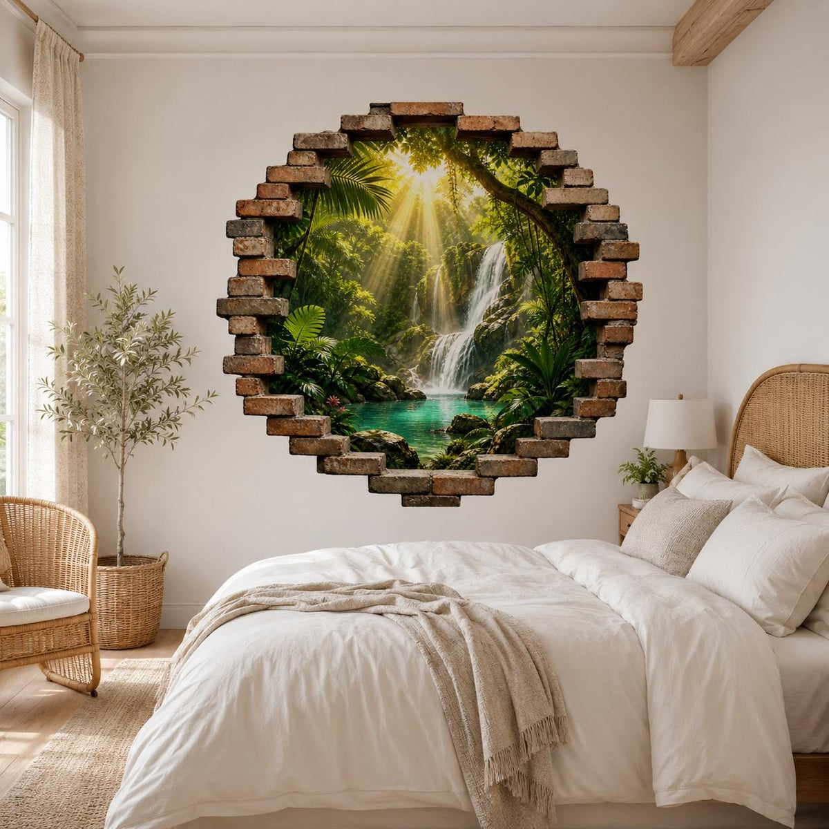 Faux brick jungle waterfall wall decal above a white bed in a neutral bedroom.