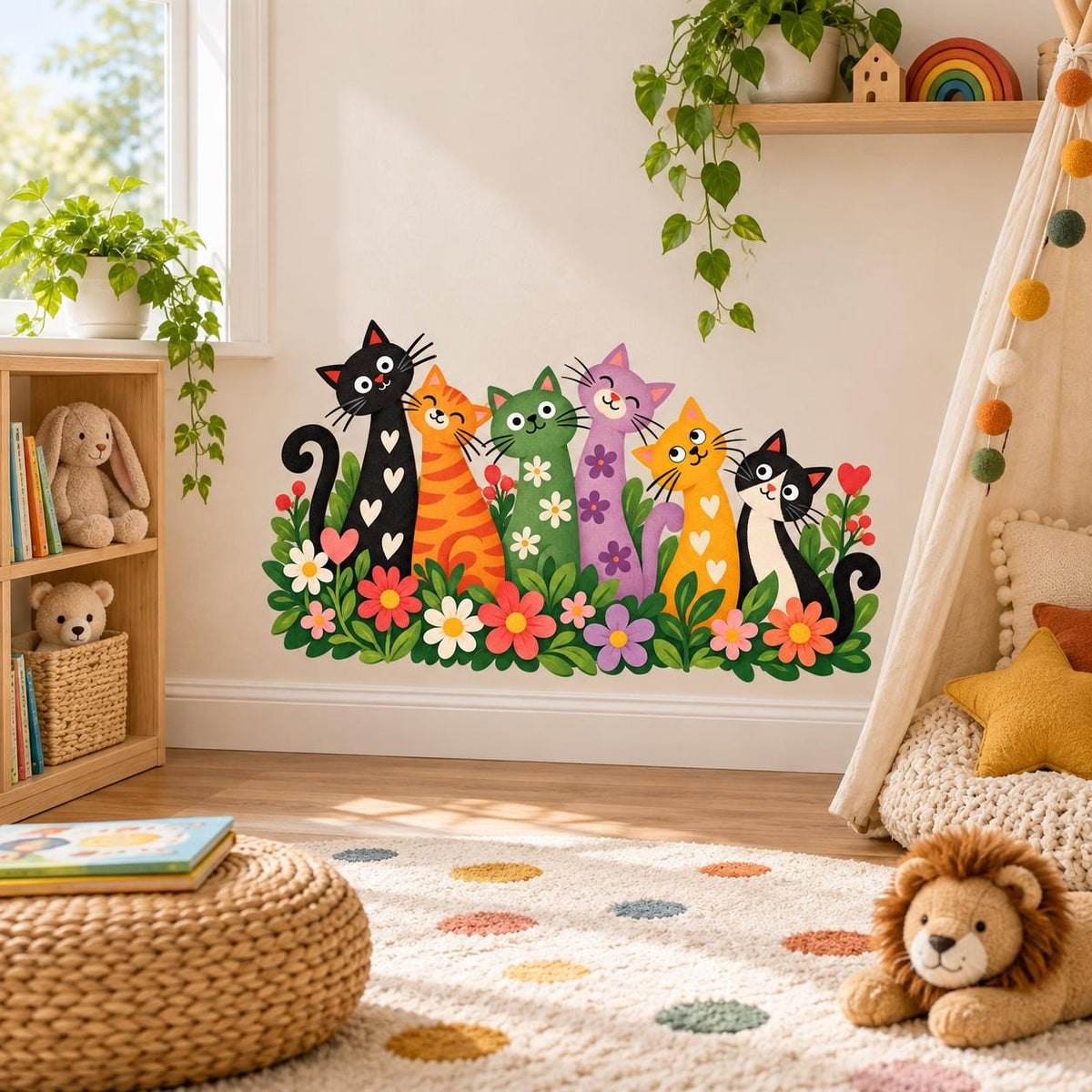 Floral garden wall sticker with six colorful cats above a playroom rug and woven toy basket.