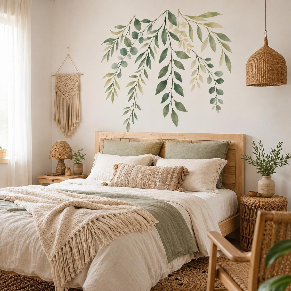 Sage green hanging leafy branches wall decal above a beige bed with woven bedding.