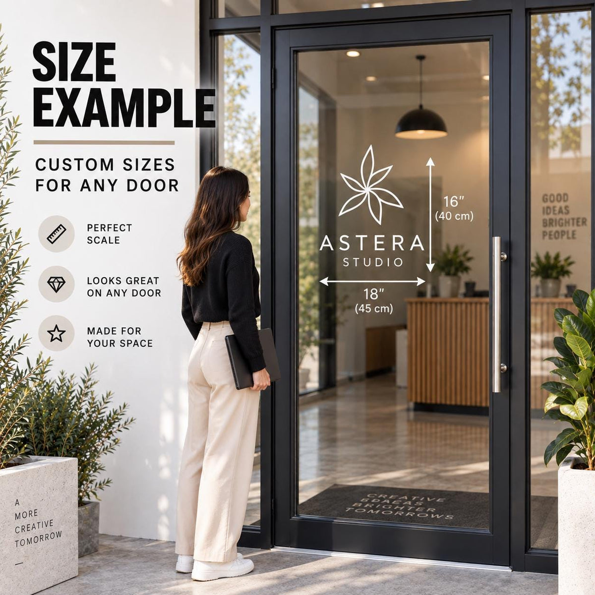 Example of a made to order business door decal with individually cut logo graphics.