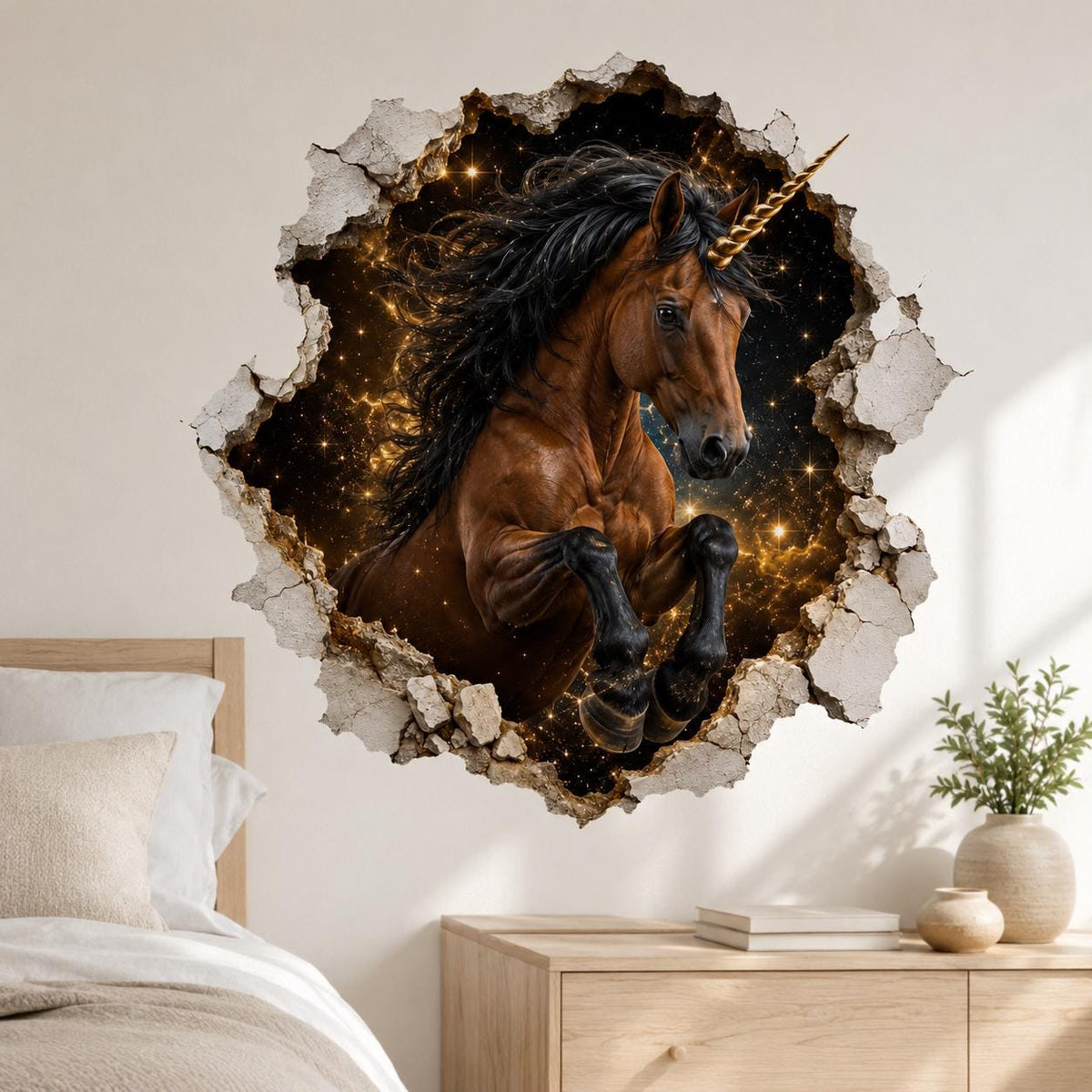 Rearing brown unicorn and glowing cracked stone wall decal above a light wood dresser.
