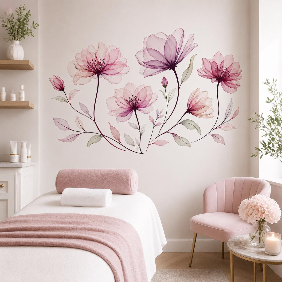 Blush pink floral wall decal above a spa treatment bed and pale rose armchair.