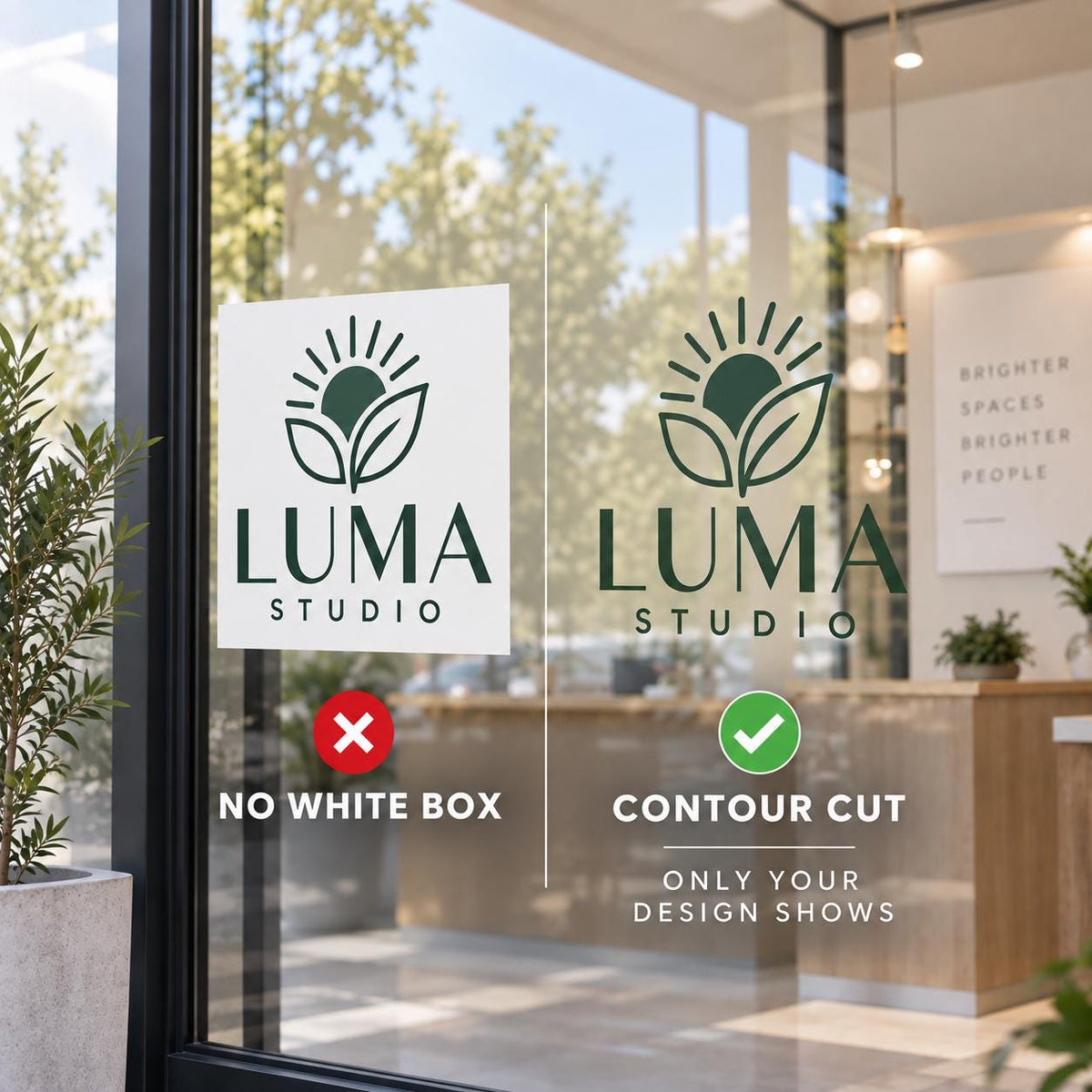 Custom contour cut vinyl window sticker for commercial glass branding and logos.