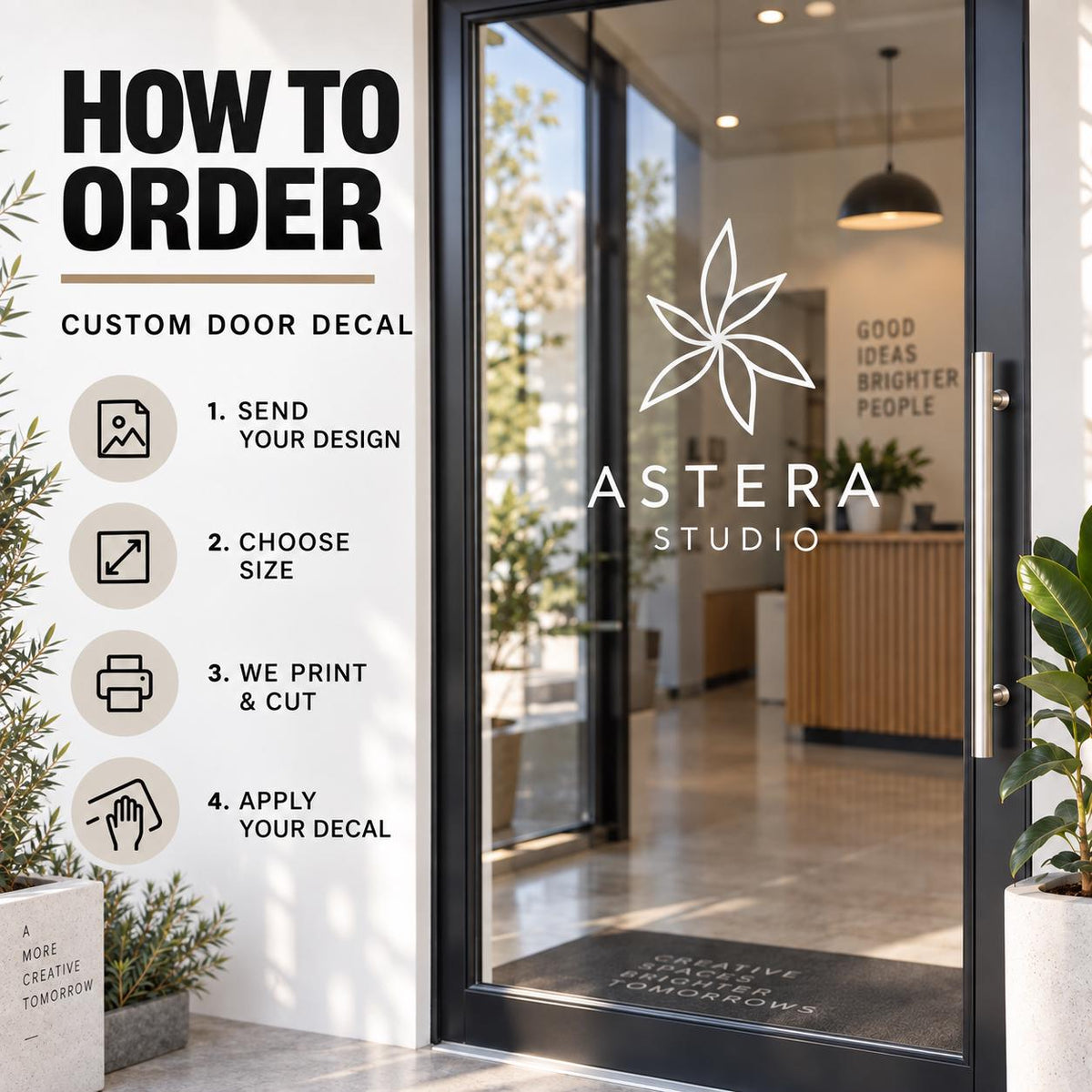 Printed custom logo sticker for glass or smooth office door surfaces.