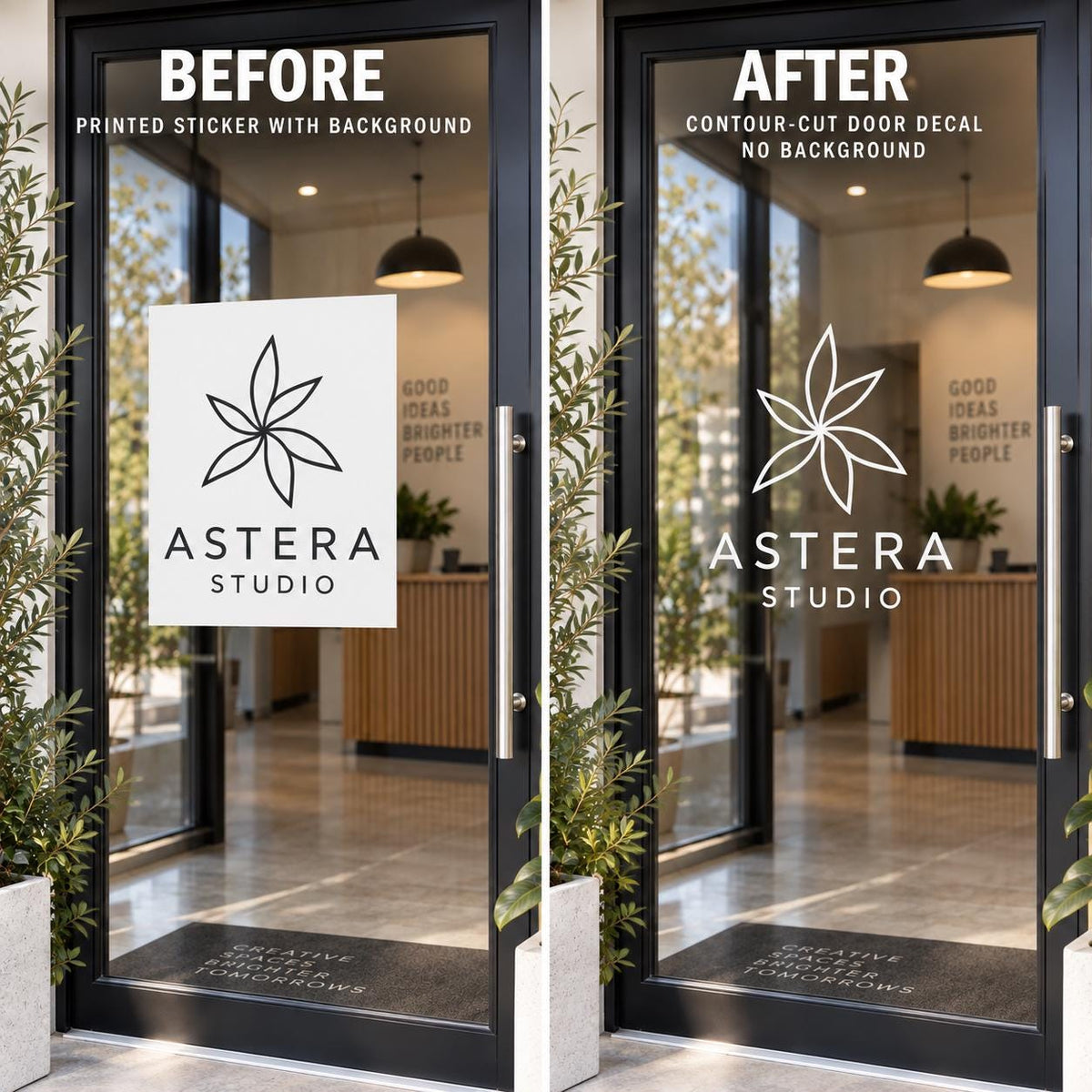 Custom vinyl sign artwork for a shop or studio door without a printed rectangular background.