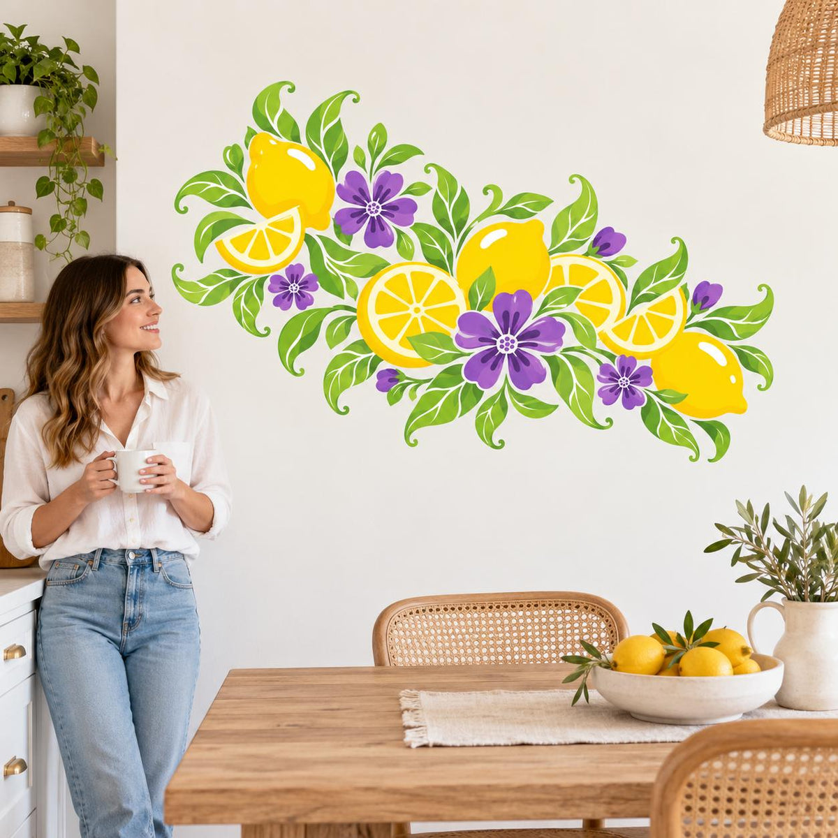 Lemon and Purple Floral Wall Decal | Citrus Vinyl Wall Sticker for Kitchen | Botanical Dining Decor | Mediterranean Inspired Kitchen Decor